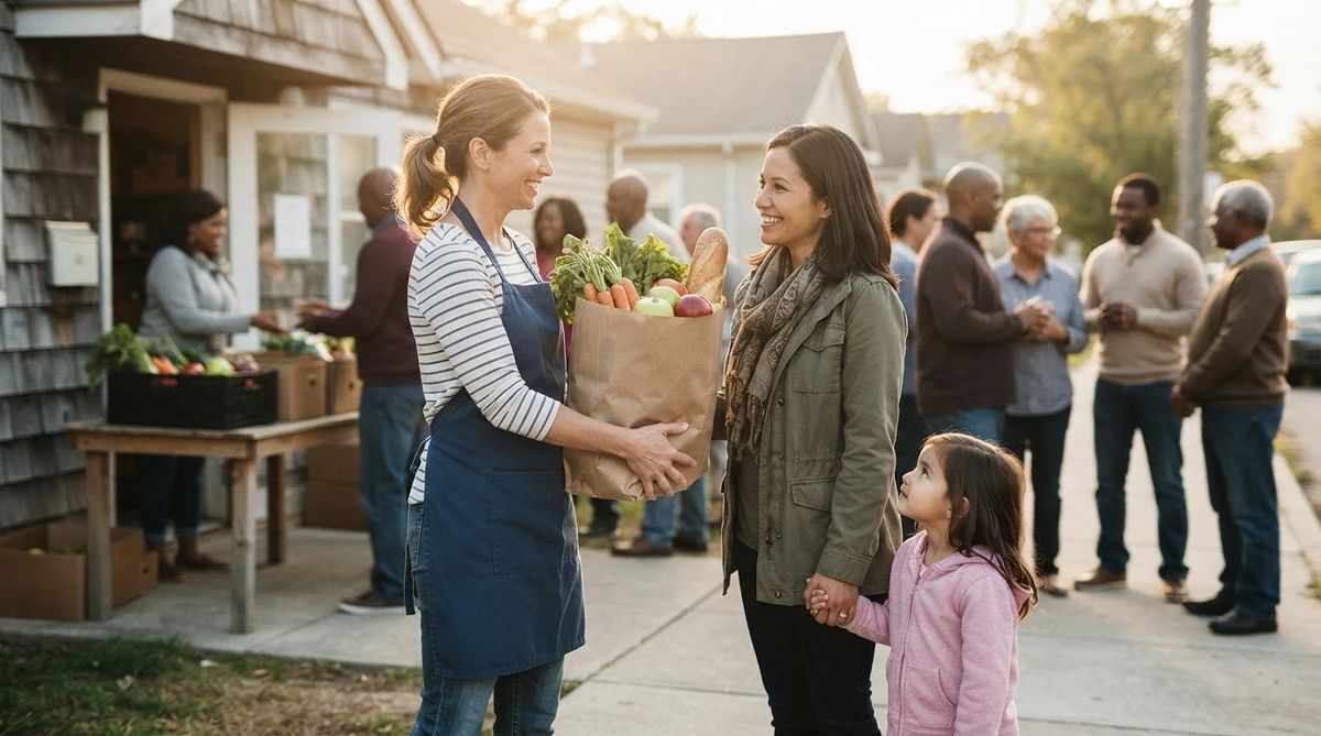 A volunteer hands a bag of fresh groceries to a mother holding her daughter's hand