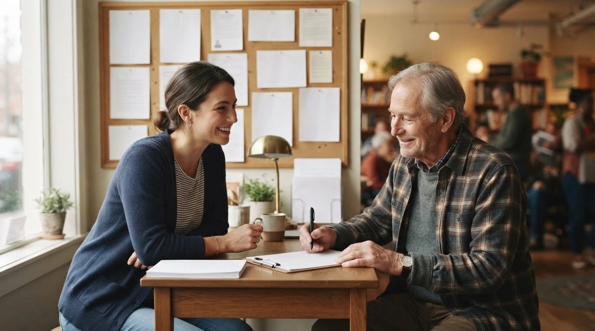 A helper smiles as she helps an older man fill out a form