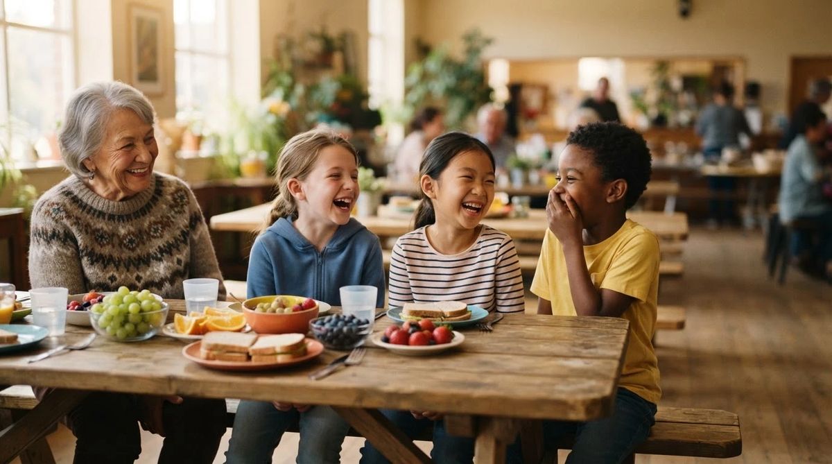 Kids laughing together over a free meal with a grandmother at a community center